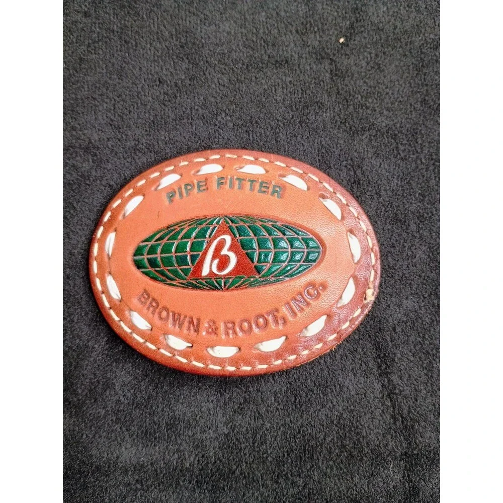 Brown & Root Inc Pipe Fitter Vintage Leather Belt Buckle Workwear Collectible